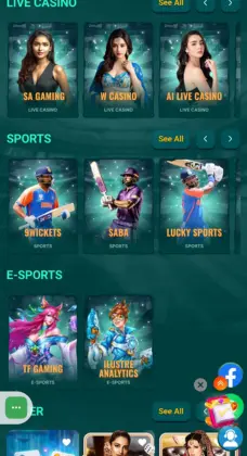BN55 platform screen showing live casino, cricket sports betting, and e-sports categories with animated characters