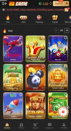 E8 Game home screen showing various popular games like Aviator, Surface, Win Go, and more