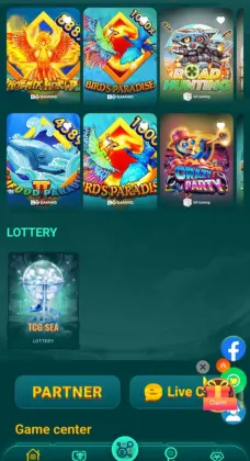 WE999 slot games interface showing popular games including Birds Paradise, Ocean King, and TCG SEA lottery option"
