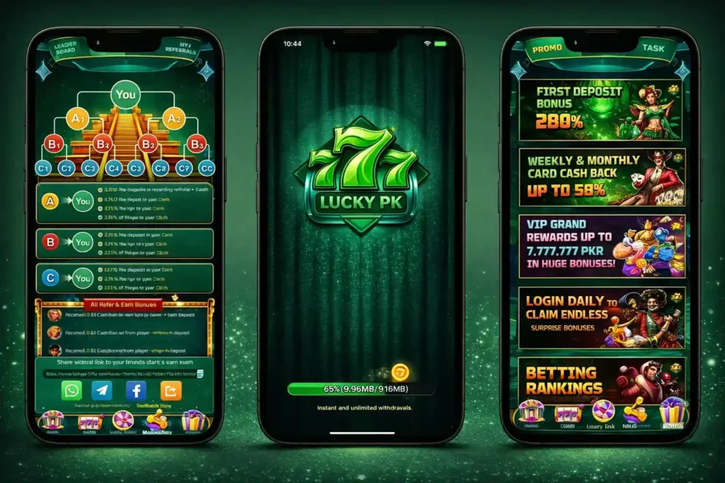 Lucky PK777 app screenshots showing referral system, loading screen, and promo bonus offers on Android